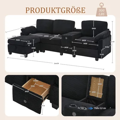Productafbeelding van Grote corduroy sofa, comfortschuim, afneembare middenconsole, 2 bekerhouders, USB-C, opbergruimte (zwart)