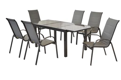 Produktbild von Merxx Gartenmöbel Set Amalfi graphit 7tlg., 6 Stapelsessel, 1 Ausziehtisch 140 (200) x 90 cm - Aluminium/Textil