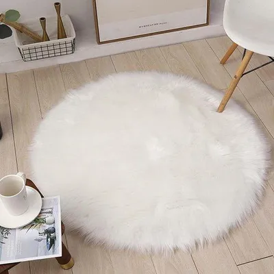 Productafbeelding van Famanu vloerkleed, imitatiebont, antislip, luxueus, hoogpolig, wit, 90 x 90 cm