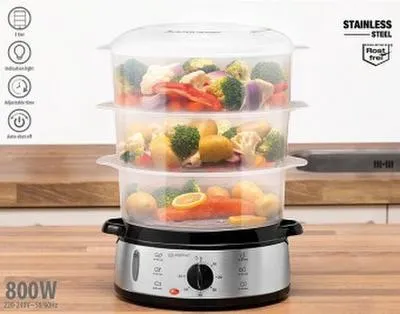 Obrázok produktu pre alpina Elektrický parný varič 800 W - 3-vrstvový parný varič pre deti Bez BPA - Vhodný do umývačky riadu - Pripravený na použitie za 0 až 60 minút - Objem 9 litrov - Plast/ RVS - Sivý