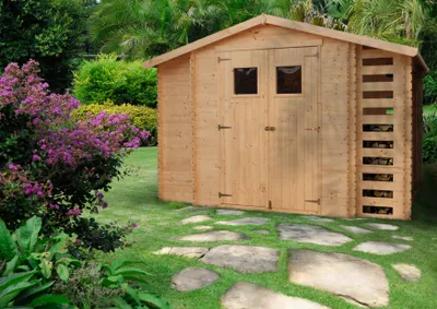 Produktbild von Drewniany domek ogrodowy z drewutnią TIMBELA M389+M389G - z impregnowaną podłogą W328xL206xH218 cm/ 3,53 + 0,97 + 0,97 m2 - Wodoodporny dach