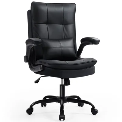 Produktbild von Ergonomischer Bürostuhl aus Kunstleder mit 125° Wippfunktion, Lendenkissen, gepolsterten Armlehnen, höhenverstellbar, 360° drehbar, Schwarz