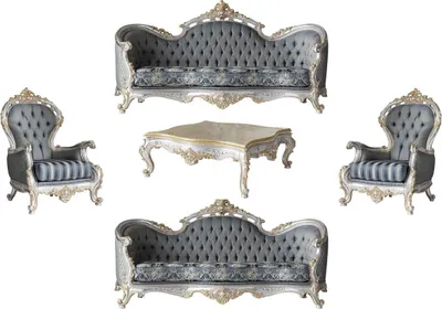 Produktbild von Casa Padrino Luxus Barock Wohnzimmer Set Grau / Blau / Silber / Gold - 2 Sofas & 2 Sessel & 1 Couchtisch - Prunkvolle Wohnzimmer Möbel im Barockstil