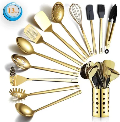 Produktbild von Gold Kochutensilien Set mit Titan Vergoldung 13-teilig Utensilienhalter