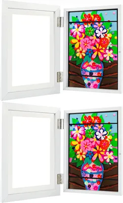 Two white frames are shown, each with an open front revealing a colorful felt art piece of a flower bouquet in a vase.