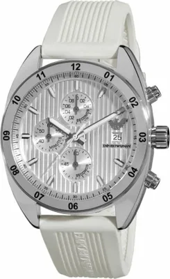 A close-up studio shot of a men's chronograph watch with a white strap.