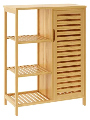 Produktbild von Badezimmerschrank Bambus mit Lamellentür 4 Ablagen 66x33x87cm