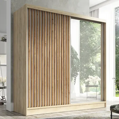 Produktbild von Schwebetürenschrank, 2-türig Schrank mit Spiegel und 3D-Lamellen Premum LINA 200 cm (Sonoma)