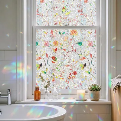Image de Film adhésif pour fenêtre, occultant, dimensions 44x200 cm, motif floral printanier, protection UV
