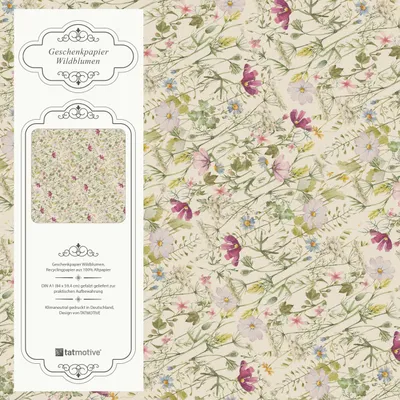 Produktbild von Wildblumen Geschenkpapier EXTRA DICK Geburtstag Blumen floral 5 Bogen 84 x 59 cm, Öko Recycling Papier gedruckt Vintage floral