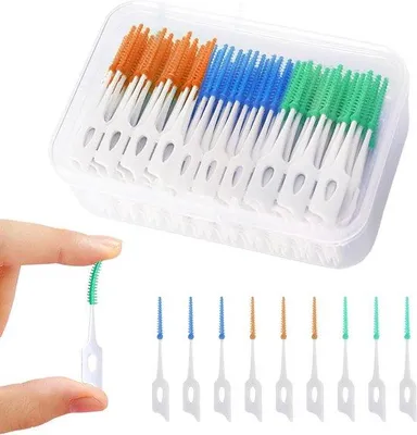 Produktbild von Interdentale Borstel-Sets (210 Stück) für Zahn- und Zahnfleischreinigung mit weichen Silikonbürsten.