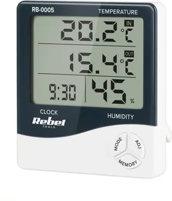 A digital thermometer and hygrometer displaying indoor and outdoor temperature, time, and humidity.