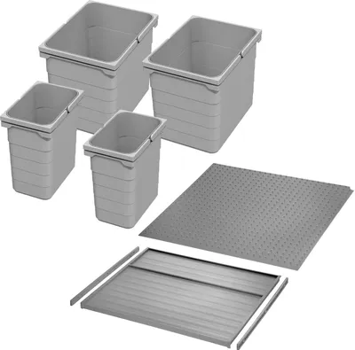 A set of four grey plastic bins and two grey metal plates are arranged on a white background.