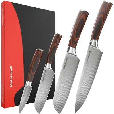 Imagen del producto de Matakumi, juego de 4 piezas para medir, estilo Damasco: juego de cuchillos, cuchillos de cocina de estilo Damasco, juego de cuchillos: cuchillo de chef, cuchillo de cocina de Damasco