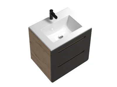 Produktbild von Waschbeckenunterschrank hängend mit Einbauwaschbecken - 60 cm - Naturfarben & Anthrazit - ARUBA