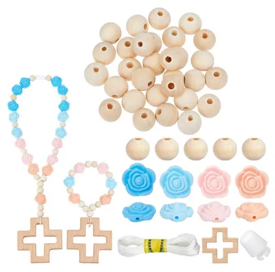 Rosenkranz-Bastelset, 78-teilig, Silikon-Blumenperlen, Holz-Kreuze