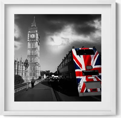 Produktbild von Big Ben und der Londoner Bus– Wandbild mit Rahmen – Gerahmtes Bild  – Wanddekoration – 50x50 cm –  Weiß Rahmen