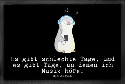 Produktbild von Mr. & Mrs. Panda fußmatte Pinguin Musik hören 40 x 60 cm - Schwarz - Geschenk, Schmutzfangmatte, Bodenvorleger, Schmutzmatte, Fussmatte, Lieblingssong, Fußabtreter