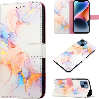 Produktbild von iPhone 15 Hülle, Marmor Motiv Kunstleder Tasche Wallet Kartenfächer mit Standfunktion Klapp Schutzhülle für iPhone 15 Bunt
