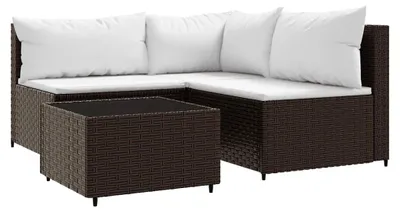 Produktbild von Poly Rattan Sitzgruppe Gartenmöbel Set mit Tisch und Stühlen für Terrasse Balkon wetterfest mit Sitzkissen und verstellbaren Füßen Eckteil + 2x Mittelteil + Tisch Braun