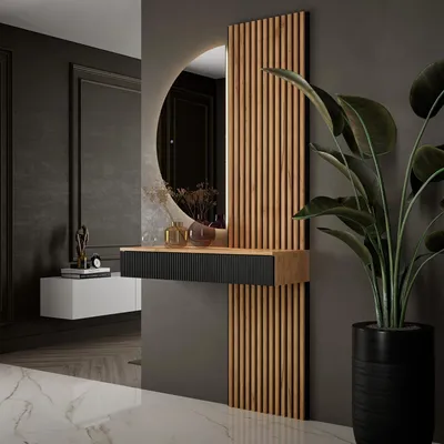 Produktbild von Planetmöbel AMYRA Garderoben Set 100 cm in Gold Eiche / Schwarz, NIVORA Spiegel & Akustikpaneel