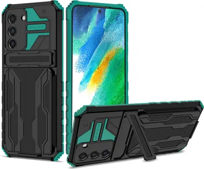 Produktbild von Galaxy S21 FE 5G Hülle, Hybrid Robust Schutz Stoßfest Schutzhülle mit Kartenhalter Ständer für Samsung Galaxy S21 FE 5G Grün