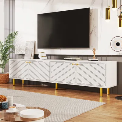 Produktbild von ProximaX TV-Schrank in Weiß: Goldene Metallgriffe und Füße, Vierfach-Tür-Design für Vielfältige Einrichtungen