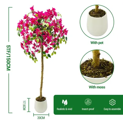 Immagine prodotto di Albero di bougainvillea artificiale - 150 cm - Rosa - Fiori realistici - Foglie verdi - Con vaso - Per uso interno