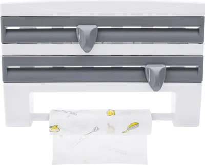 Produktbild von Wandmontierter Küchenspender - Küchenrollen- und Folienhalter - 3-in-1 Organizer mit Cutter - Kunststoff - 39x10x24 cm - Hellgrau