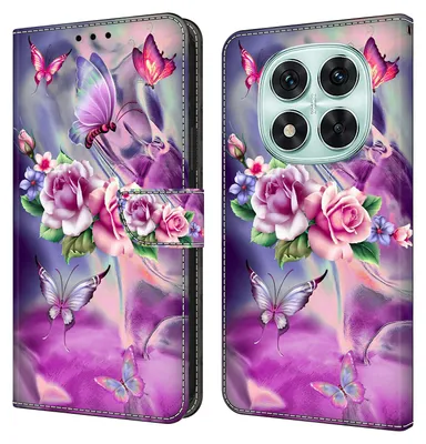 Produktbild von CLM-Tech Handyhülle kompatibel mit Xiaomi Redmi Note 14 Pro 5G Hülle - Tasche aus Kunstleder - Klapphülle mit Ständer und Kartenfächern - Schutzhülle Wallet Case Cover lila Blumen Schmetterlinge