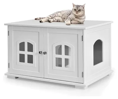 Produktbild von Katzenschrank für Katzentoilette mit 2 magnetischen Türen & Eingang, Kleintierhaus aus Holz, Beistelltisch für Katzen und Hunde, 81 x 53 x 49 cm, Weiß