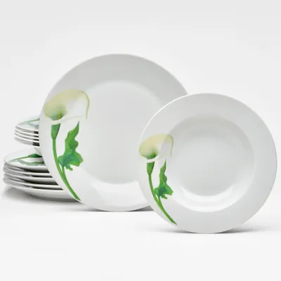 Produktbild von Tafel-Set Elegant Calla 12-teilig Porzellan weiß mit floralem Dekor für 6 Personen – 6 tiefe Teller 22,2 cm, 6 flache Teller 27 cm