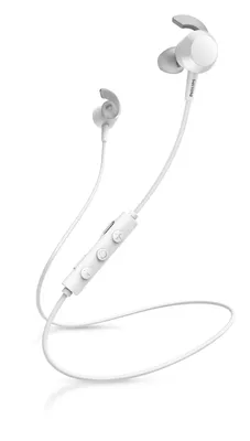 A pair of white wireless earbuds with a connecting cable and inline controls.