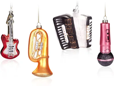 Imagen del producto de BRUBAKER, juego de 4 adornos navideños con forma de: bola de árbol, guitarra, acordeón, trompeta y micrófono. Adornos navideños pintados a mano con motivos de instrumentos musicales. Adornos de vidrio para el árbol de Navidad, divertidos para cantantes y músicos