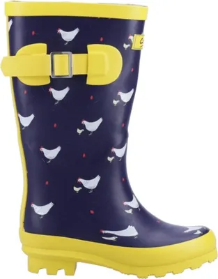 A single navy blue rain boot with a yellow trim and sole, decorated with a pattern of white chickens and red dots.