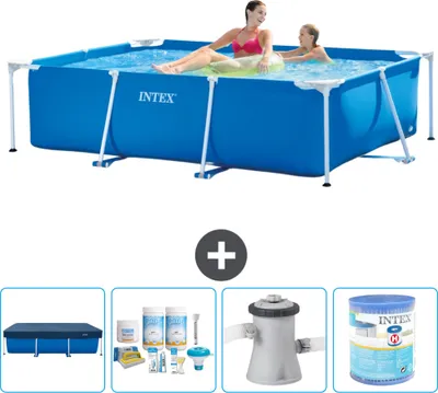 Obrázok produktu pre Bazén Intex s obdĺžnikovým rámom - 220 x 150 x 60 cm - Modrý - Súčasťou dodávky je kryt - Balík na údržbu - Filtračné čerpadlo pre bazén - Filter