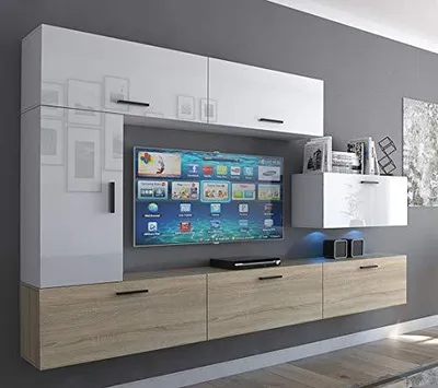 Produktbild von Furnitech Wohnwand Wohnzimmer - Wohnzimmer Möbel mit LED RGB - 16 Farben - Hängend Wohnwand Modern - Regale und TV Schrank (Future C10_HGM_WS_17 1B)
