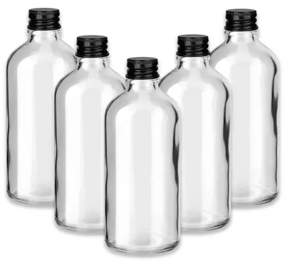 Produktbild von 5x Klare Glasflasche 100 ml mit schwarzem Aluminium Schraubverschluss