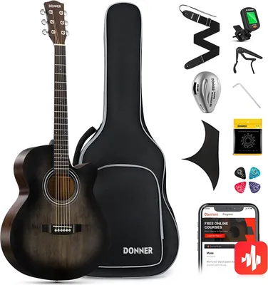 Produktbild von Donner Gitarre Akustik Anfänger Erwachsene Einsteiger Akustikgitarre 4/4 Mini Jumbo Cutaway Gitarren mit Tonabnehmer 6 Stahlsaiten Tasche Capo