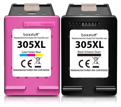 Produktbild von Boxstuff Tinte geeignet für 305 XL - (3YM62AE) Kompatibel mit HP 305 / 305XL - Tintenpatrone 2er-Pack für HP DeskJet 2700 / 2720 / 2710 / Plus 4120 / 4130 / 4110 / 4100 / Envy 6000 / 6010 / 6020 / 6030 / 6032 / Pro 6400 / 6420 - Pack Farbe und Schwarz