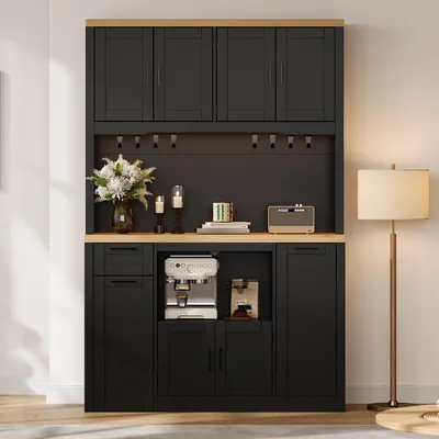 Productafbeelding van Keukenkast met lades, voorraadkast met LED-verlichting en stopcontacten, vitrinekast met legplanken, 120x40x182 cm, zwart, MDF+spaanplaat
