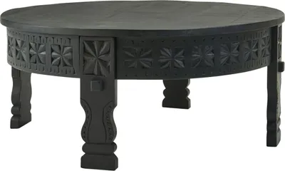 Produktbild von Design Couchtisch 80x36x80 cm Mango Massivholz Sofatisch Rund Schwarz, Wohnzimmertisch Holz Salontisch Massiv, Tisch Wohnzimmer Orientalisch, Kaffeetisch Loungetisch