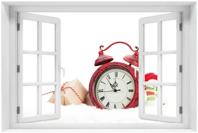 Produktbild von Wallario Premium Glasbild mit Fensterrahmen, freischwebende Optik, kräftige Farben, Größe 60 x 90 cm Motiv Wecker mit Schneemann und Geschenken