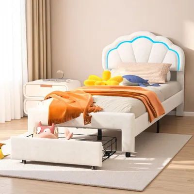 Obrázok produktu pre ProximaX Detská posteľ 90x200 cm - Biela zamatová posteľ s LED, kvetinovým čelom a zásuvkou na nohách, posteľ pre mladých