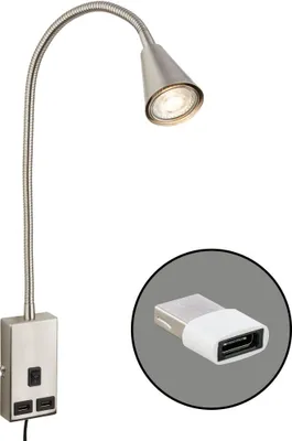 A wall-mounted LED reading lamp with USB ports and a separate inset image of a USB adapter.