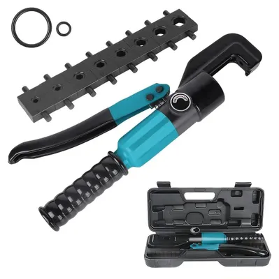Obrázek produktu pro Hydraulické krimpovací kleště – ruční lis na kabelové konektory 4–70 mm² – lisovací tlak 8 tun – pro kabelové svorky – s úložným kufříkem – modré