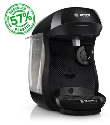 A black Bosch Tassimo coffee machine is shown from a three-quarter angle against a white background.