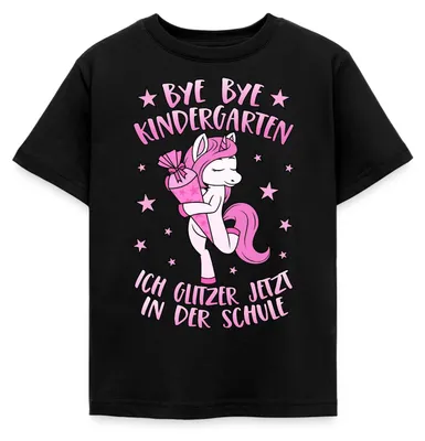 Produktbild von Spreadshirt Einschulung Bye Bye Kindergarten Einhorn Schule Kinder T-Shirt, 98/104 (3-4 Jahre), Schwarz