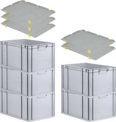 Produktbild von SparSet 5x Eurobox NextGen Grip mit Auflagedeckel inkl. 4 gelben Schiebeschnappverschlüssen | HxBxT 32x40x60cm | 65 Liter | Grau | Griffe geschlossen | Verstärkter Boden | Eurobehälter, Transportbox, Transportbehälter, Stapelbehälter