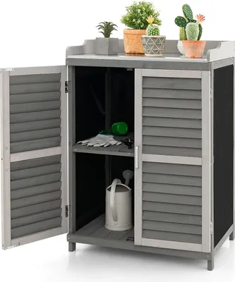 Zdjęcie produktu dla COSTWAY Szafka ogrodowa z drewna, szafka do przechowywania w ogrodzie, drewniana szafka z metalową płytą i 2 półkami i zwijanymi drzwiami, szopa na narzędzia, szafka na narzędzia na tarasie, szara